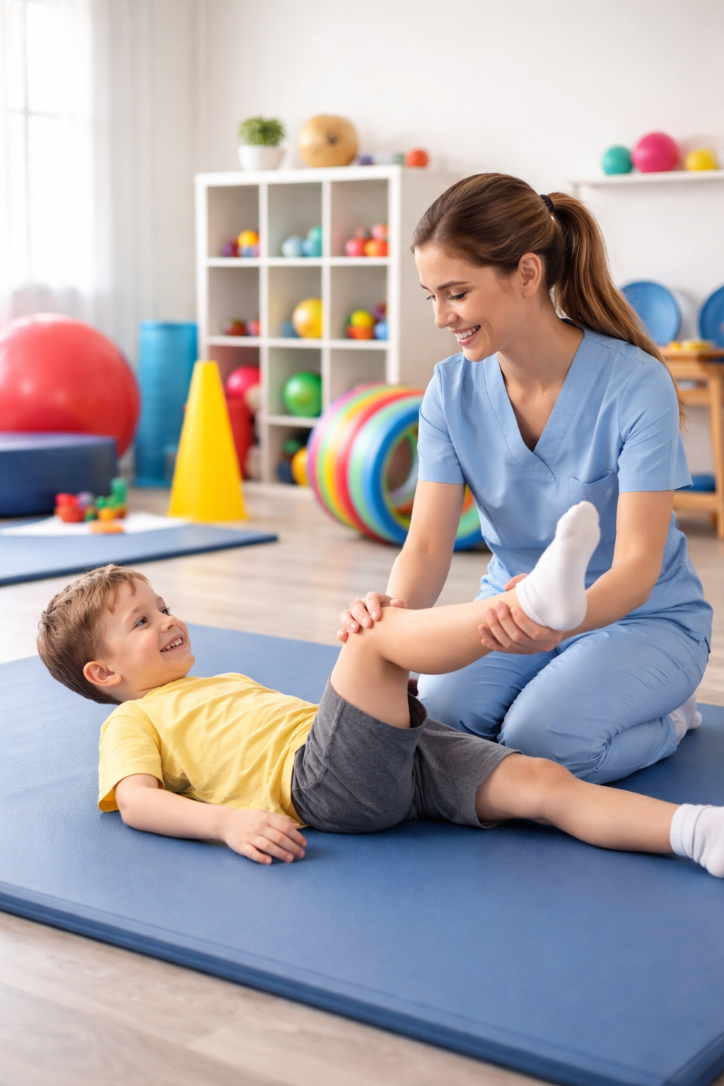 A child participating in playful physiotherapy exercises.